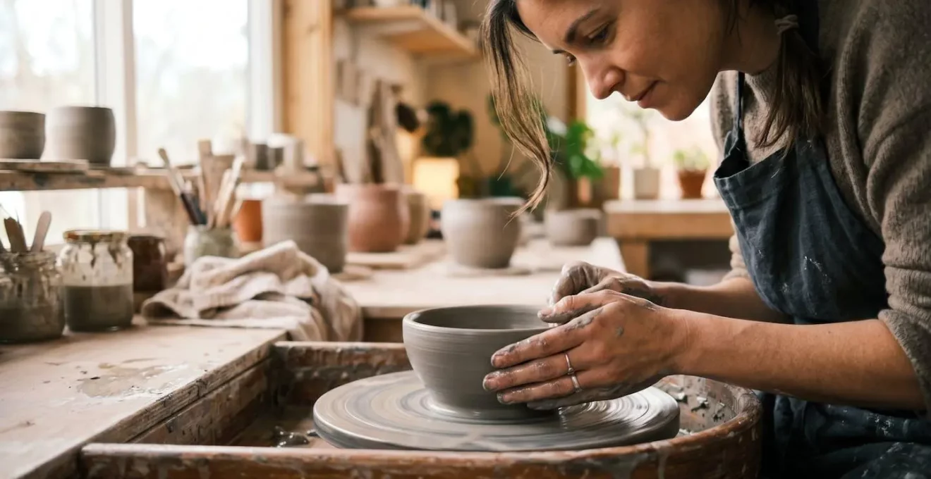 Mains créant avec de l'argile dans un moment de concentration apaisante