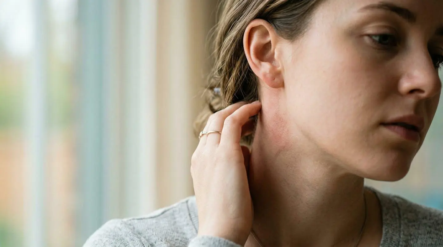 Gros plan sur des lobes d'oreilles présentant une légère rougeur et irritation après le port de bijoux fantaisie