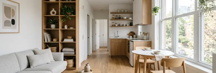 Intérieur optimisé d'un petit appartement moderne avec espaces fonctionnels délimités
