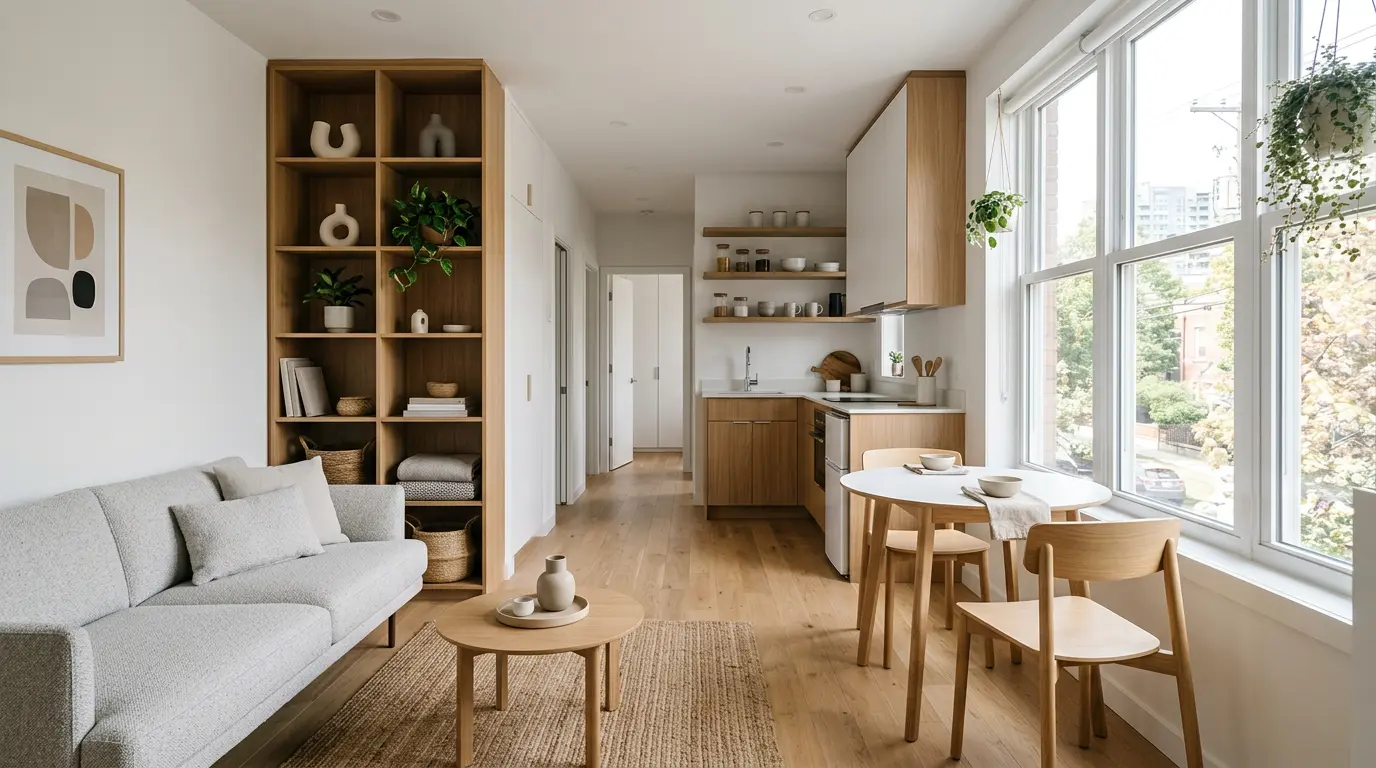 Intérieur optimisé d'un petit appartement moderne avec espaces fonctionnels délimités