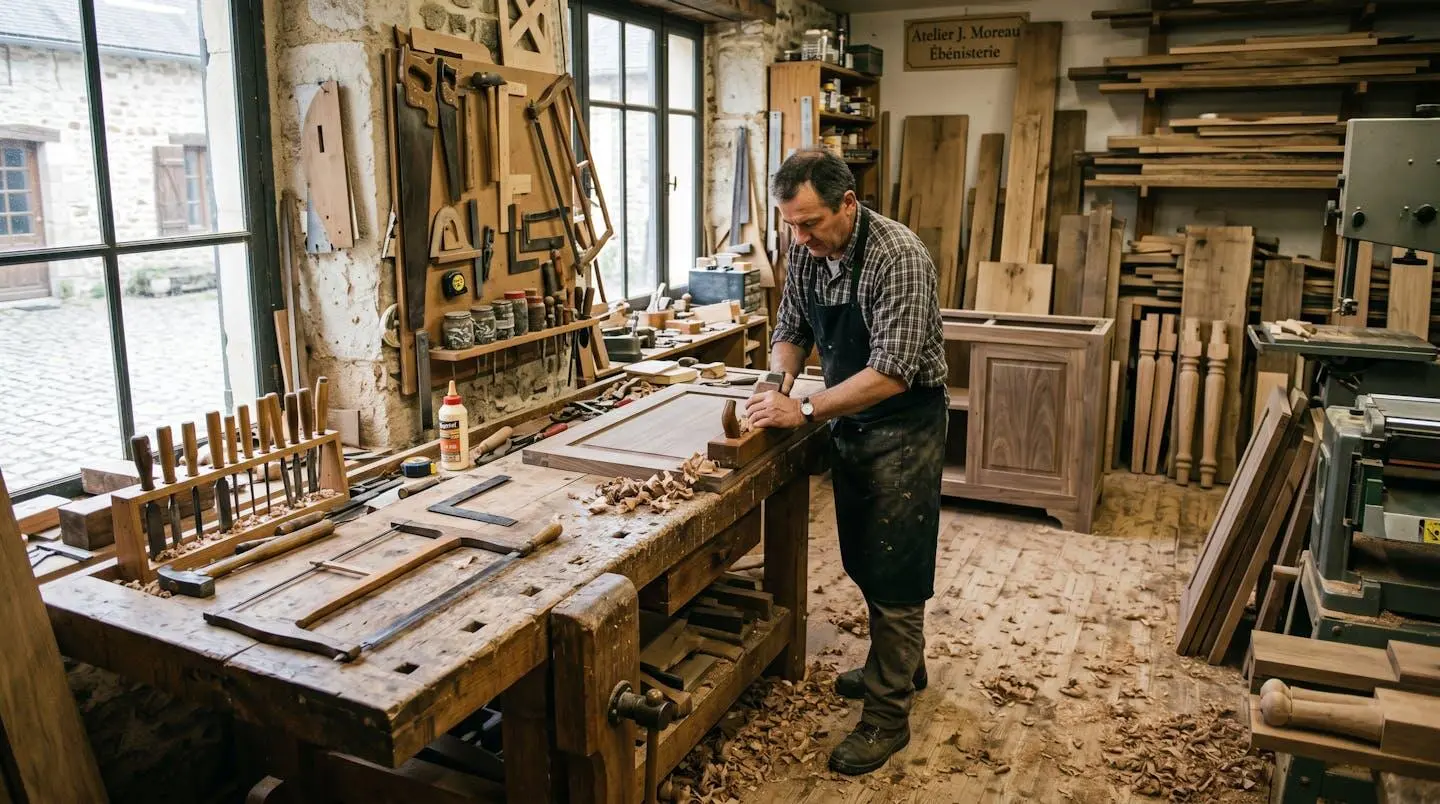 Atelier d'ébéniste français avec établi et pièces de bois massif en cours de fabrication