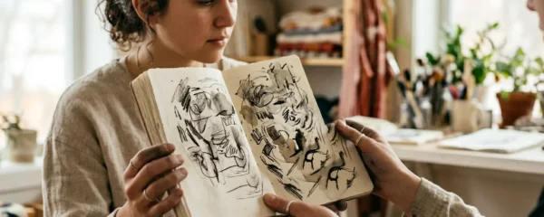 Artiste montrant ses créations avec confiance et authenticité