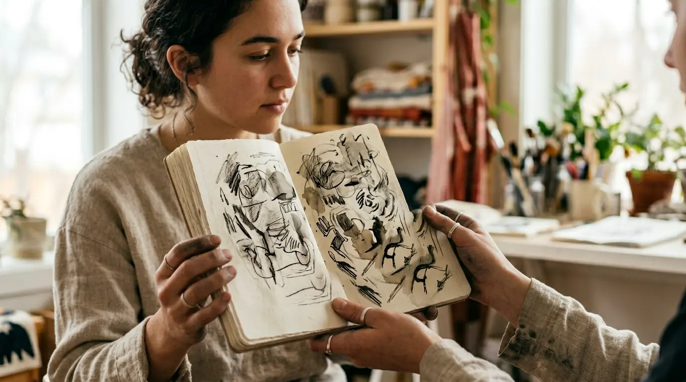 Artiste montrant ses créations avec confiance et authenticité