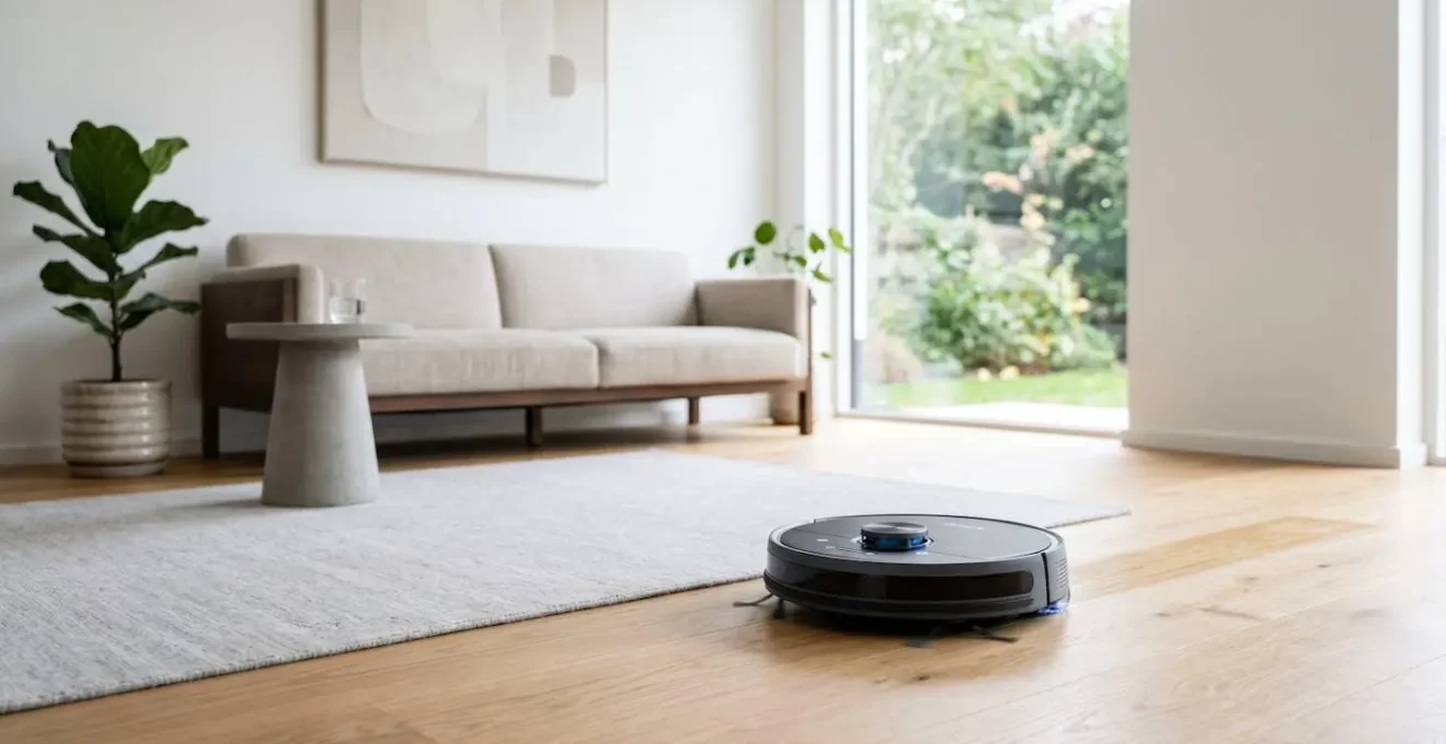 Robot aspirateur moderne en action dans un intérieur minimaliste représentant l'automatisation des tâches