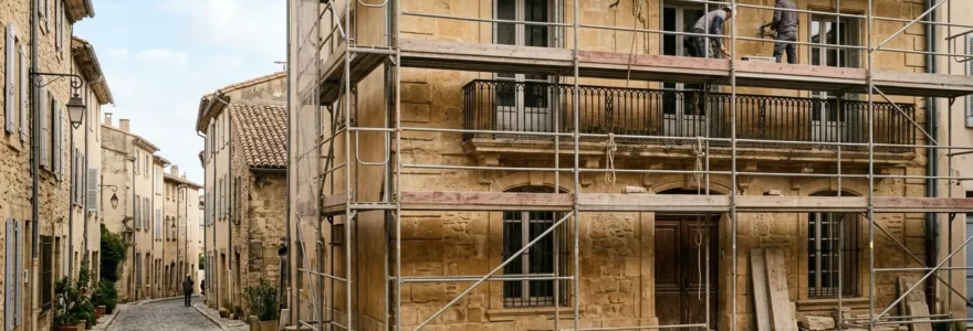 Façade historique en cours de rénovation dans une zone protégée avec échafaudages