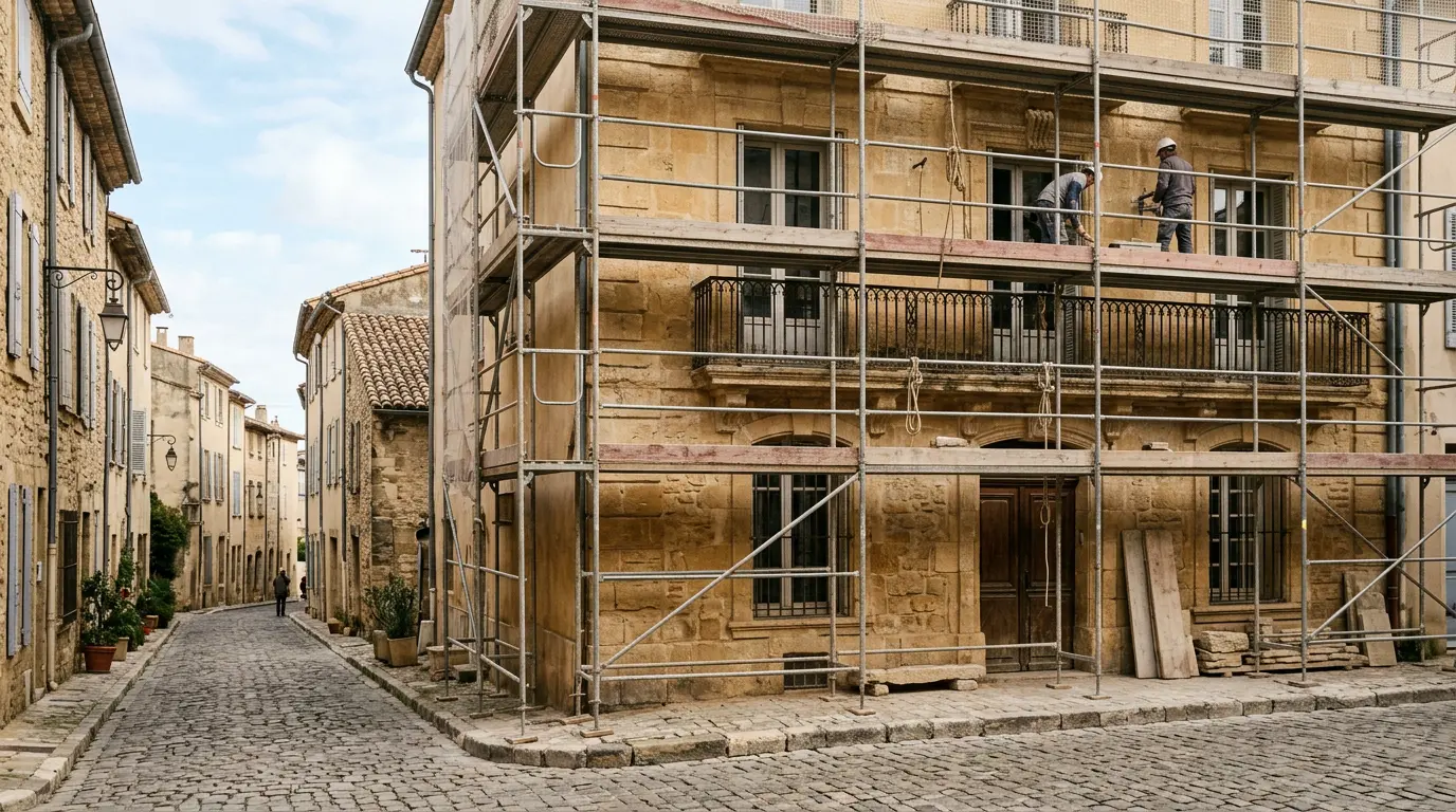 Façade historique en cours de rénovation dans une zone protégée avec échafaudages
