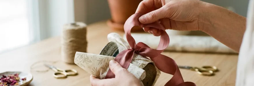 Cadeau artisanal élégant emballé avec du papier de soie et un ruban en satin