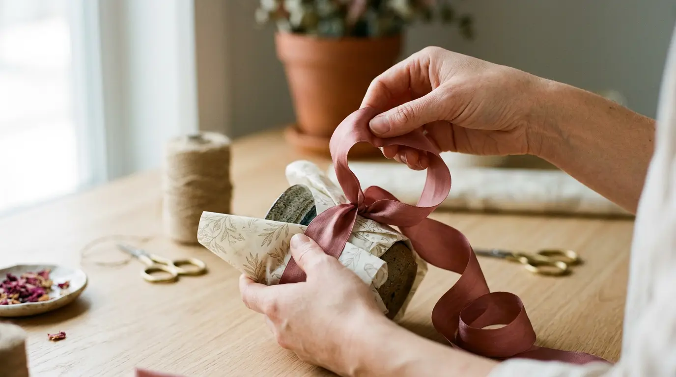 Cadeau artisanal élégant emballé avec du papier de soie et un ruban en satin