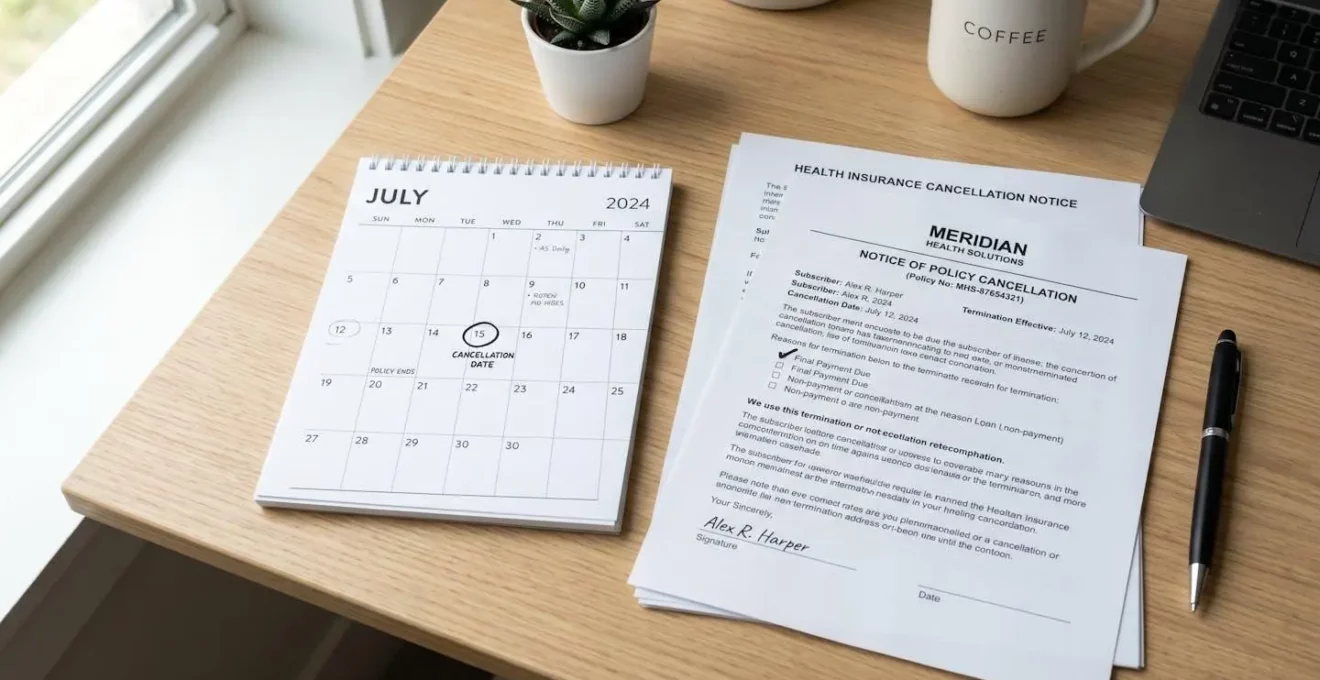 Calendrier minimaliste et documents de résiliation de mutuelle posés sur un bureau épuré