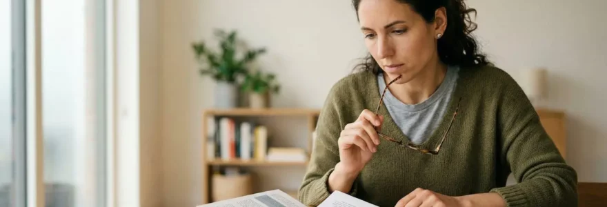 Personne adulte consultant des documents de mutuelle santé et comparant des options de couverture dentaire et optique