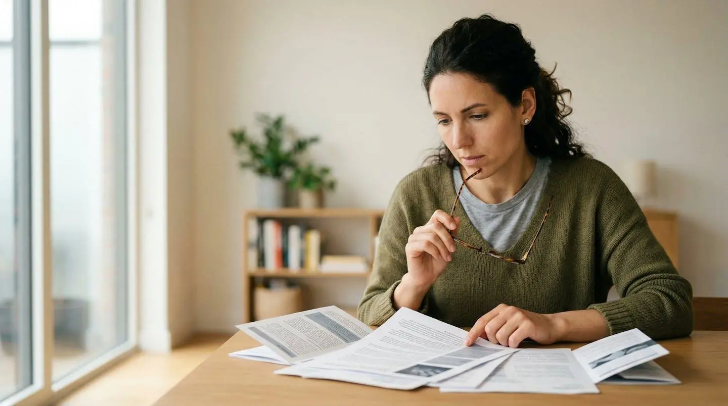 Personne adulte consultant des documents de mutuelle santé et comparant des options de couverture dentaire et optique