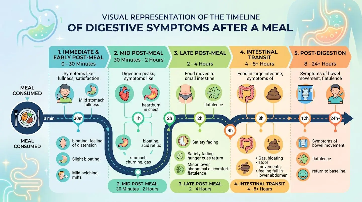 Représentation visuelle de la chronologie des symptômes digestifs après un repas