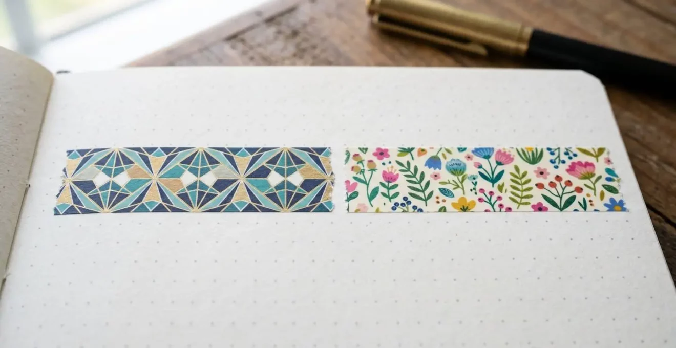 Deux bandes de washi tape côte à côte montrant un motif géométrique et un motif aléatoire floral