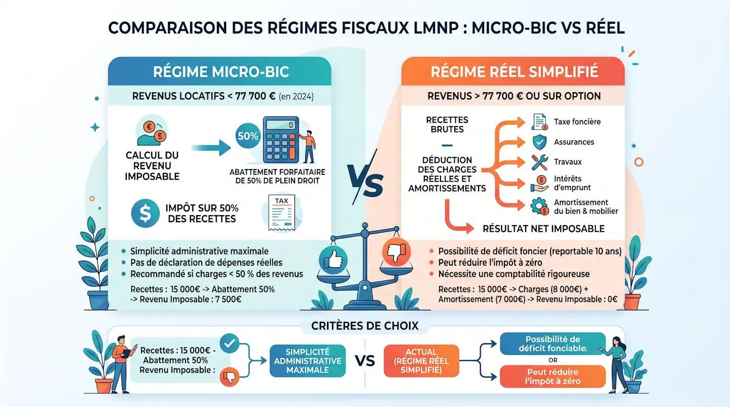 Représentation visuelle de la comparaison entre les régimes fiscaux micro-BIC et réel en LMNP