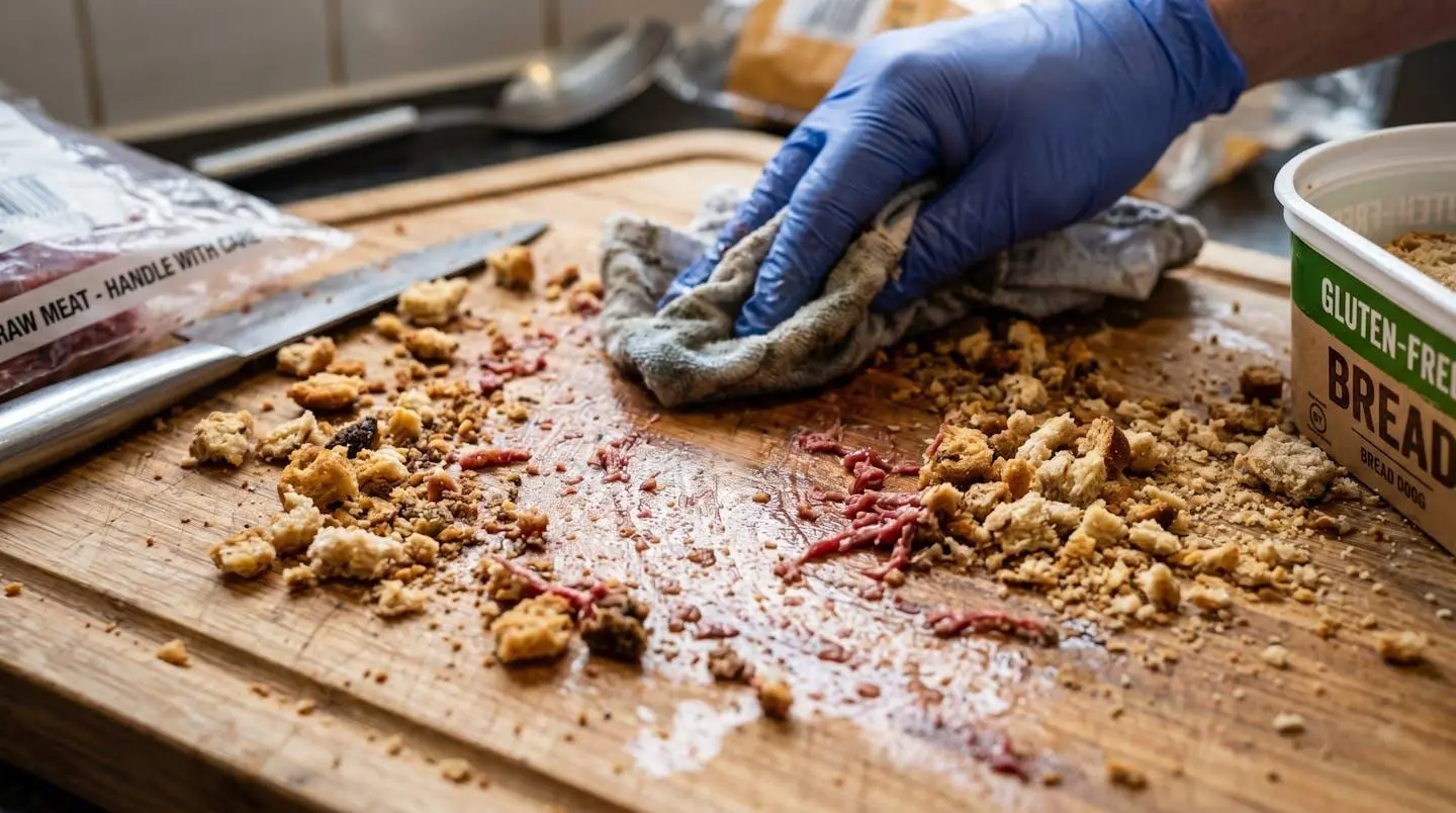 Gros plan sur des miettes de pain illustrant le risque de contamination croisée