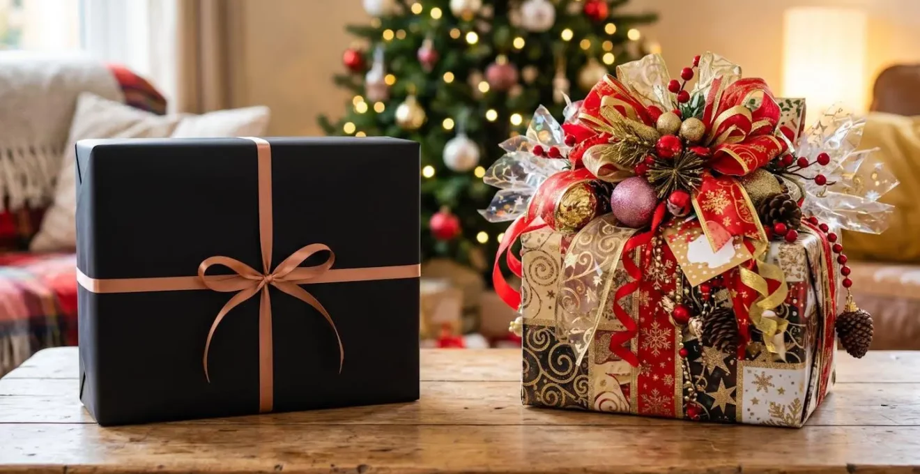 Deux cadeaux côte à côte montrant le contraste entre design épuré et surcharge décorative