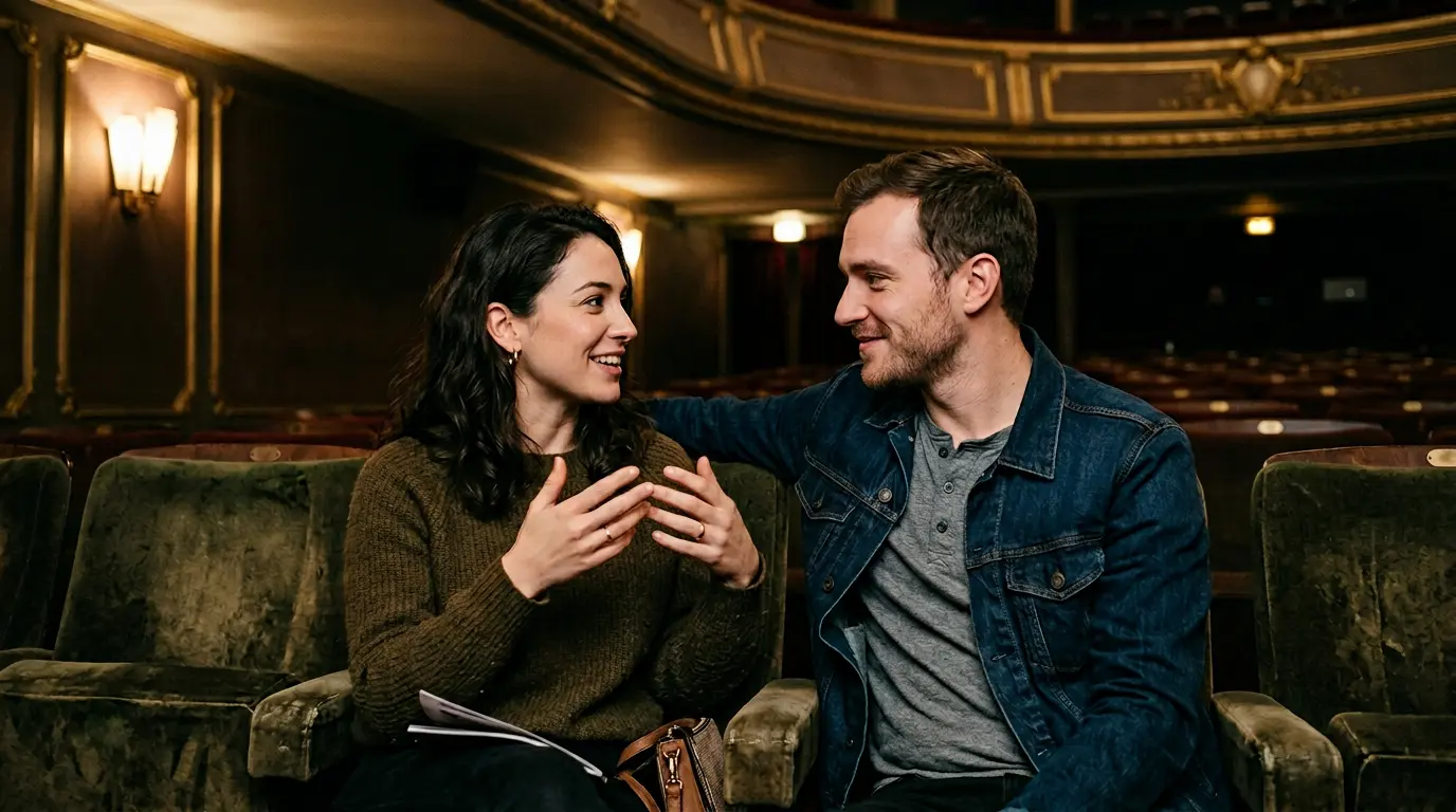 Couple dans une salle de cinema intimiste discutant apres une seance de film d'auteur
