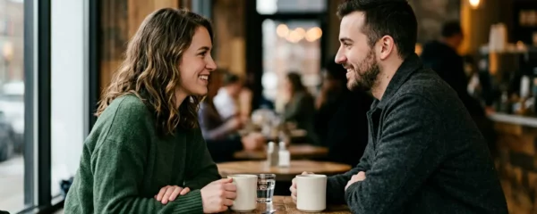 Couple lors d'un premier rendez-vous dans un café intime, connexion subtile et tension émotionnelle