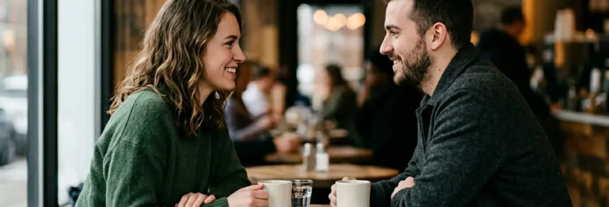 Couple lors d'un premier rendez-vous dans un café intime, connexion subtile et tension émotionnelle