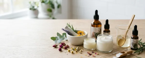 Vue d'ensemble d'un laboratoire domestique pour cosmétiques avec des ingrédients naturels et du matériel de fabrication stérilisé