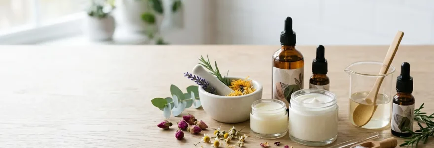 Vue d'ensemble d'un laboratoire domestique pour cosmétiques avec des ingrédients naturels et du matériel de fabrication stérilisé