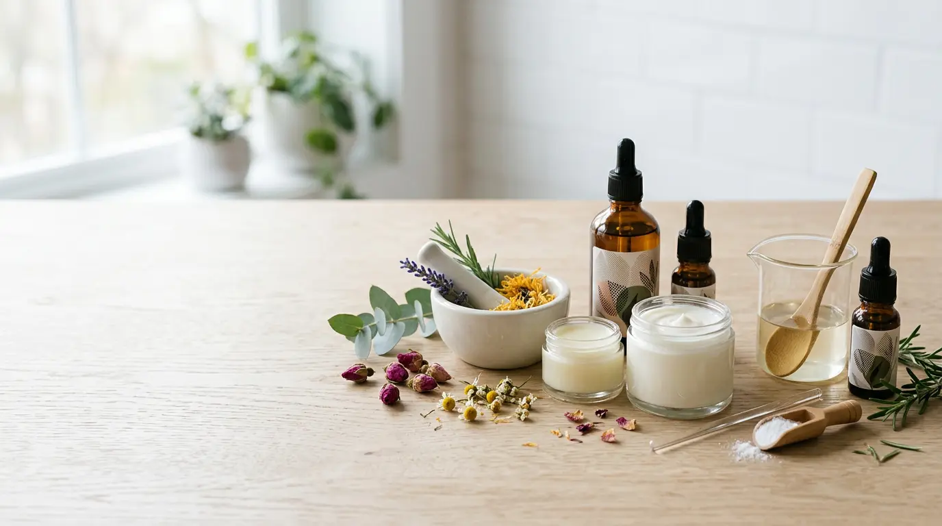 Vue d'ensemble d'un laboratoire domestique pour cosmétiques avec des ingrédients naturels et du matériel de fabrication stérilisé