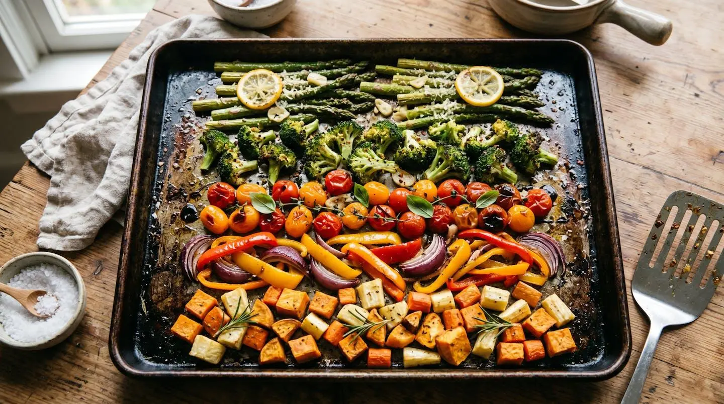 Légumes variés cuits sur une seule plaque de four avec séparation des zones