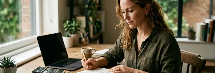 Créateur artisan organisant ses documents administratifs et fiscaux dans un espace de travail lumineux