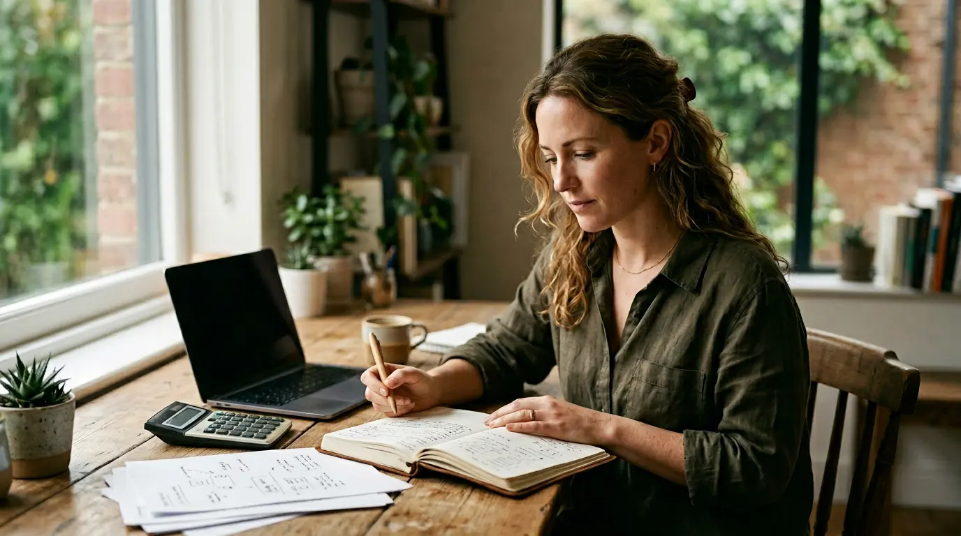 Créateur artisan organisant ses documents administratifs et fiscaux dans un espace de travail lumineux
