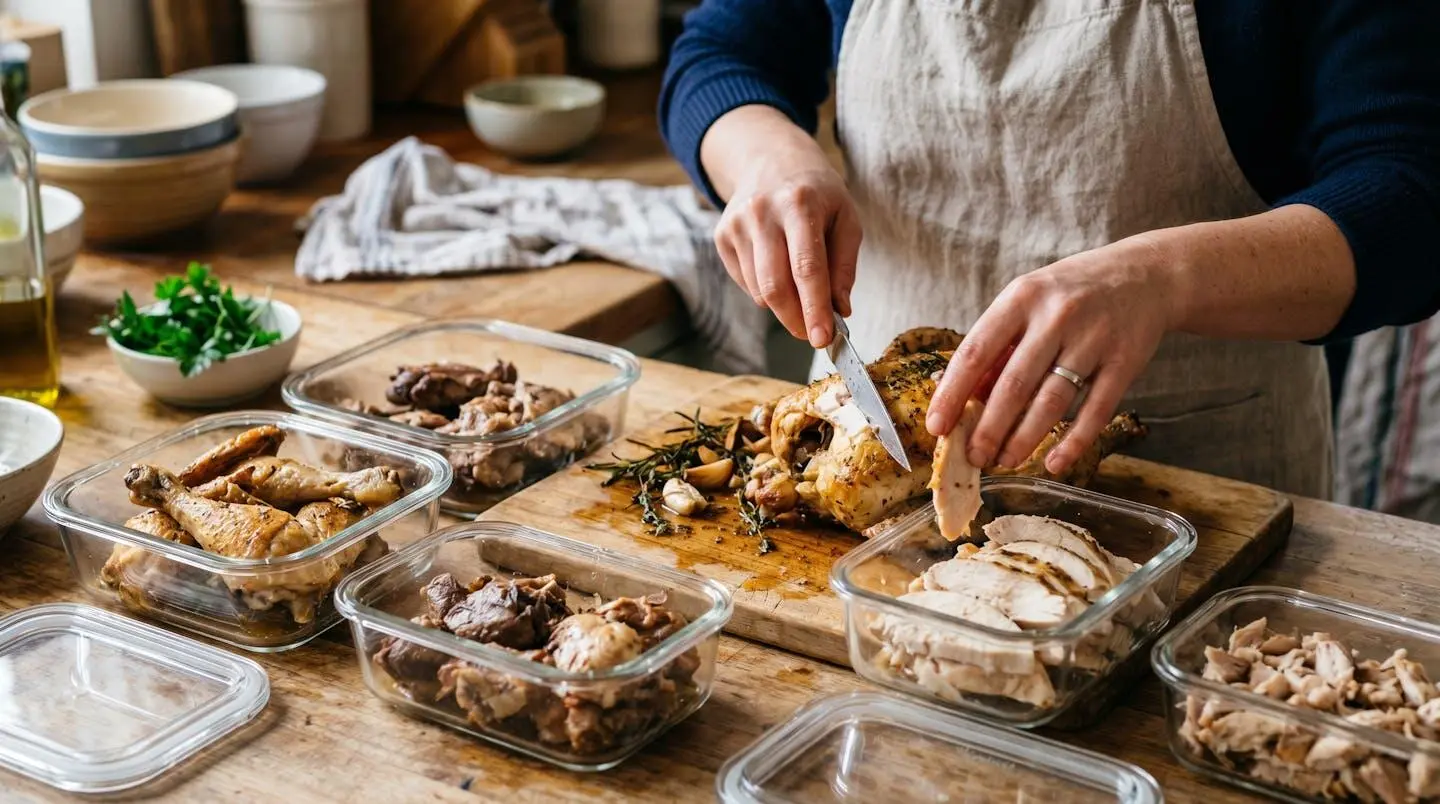 Gros plan sur des mains préparant différentes parties d'un poulet rôti avec des contenants en verre