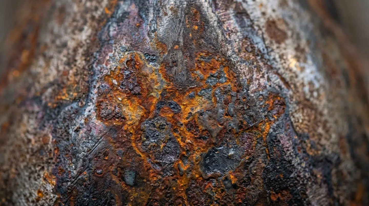 Gros plan macro sur la surface d'acier brut montrant la texture et les nuances d'une patine d'oxydation contrôlée