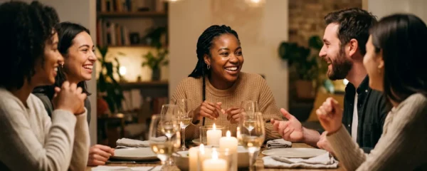 Moment de convivialité lors d'un dîner entre amis avec personne coeliaque