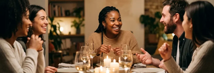 Moment de convivialité lors d'un dîner entre amis avec personne coeliaque