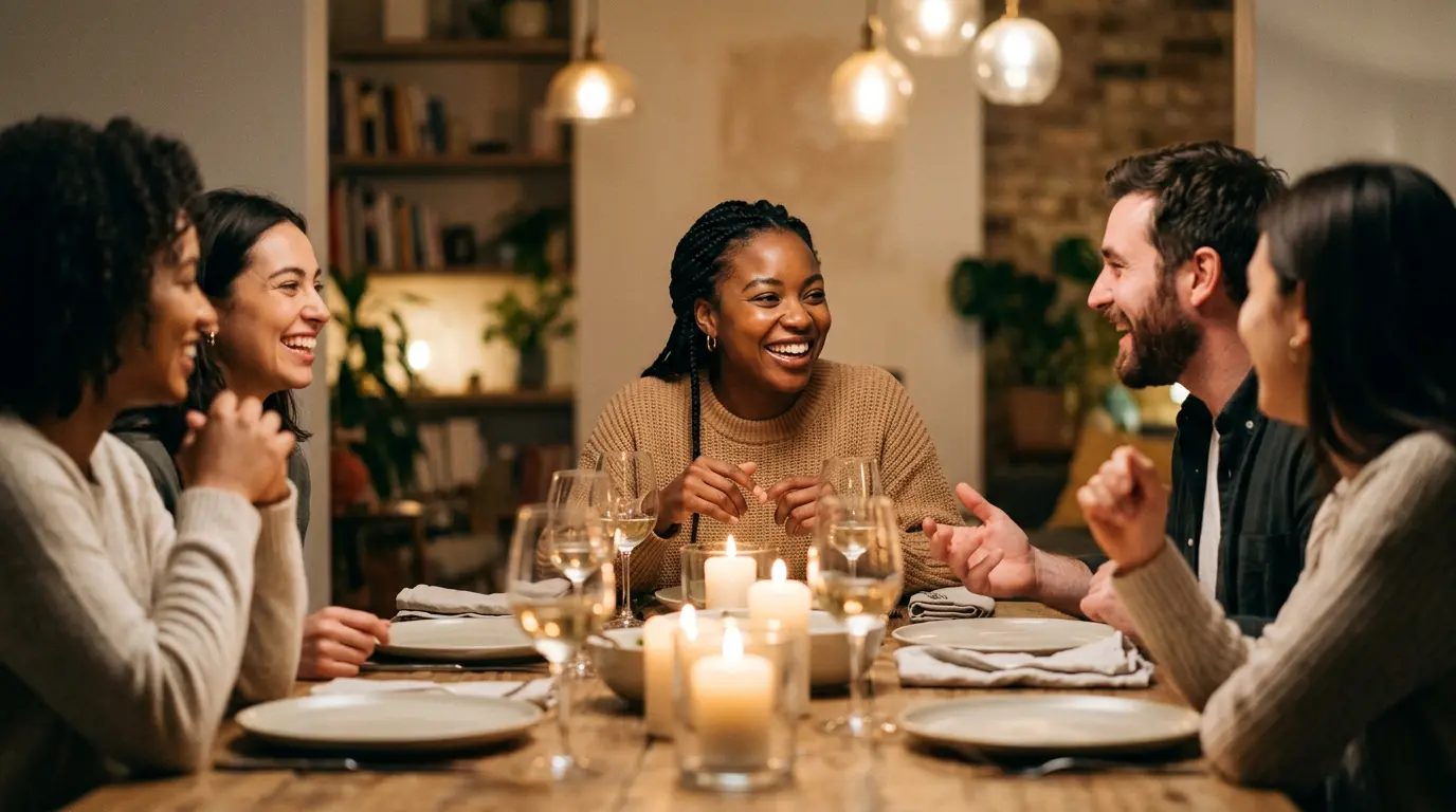 Moment de convivialité lors d'un dîner entre amis avec personne coeliaque