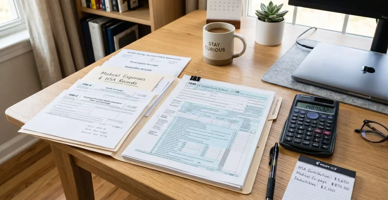 Espace de travail avec documents fiscaux liés à la sante et calculatrice sur un bureau epure