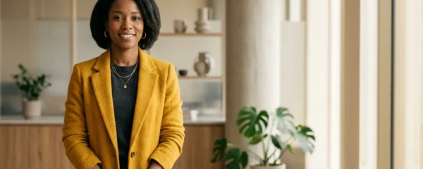 Personne professionnelle portant des vêtements aux couleurs vives dans un environnement de travail moderne