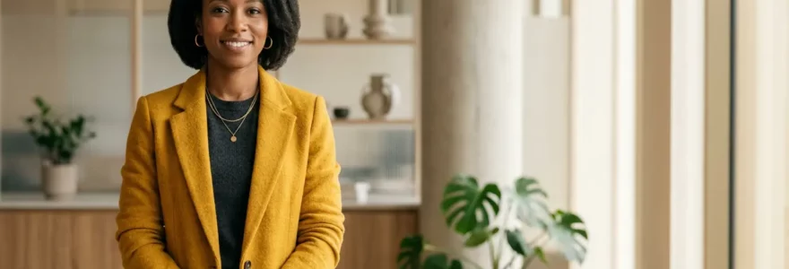 Personne professionnelle portant des vêtements aux couleurs vives dans un environnement de travail moderne