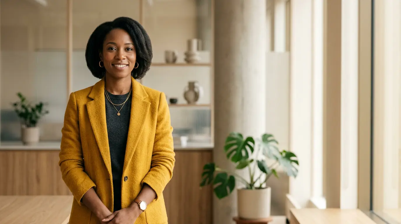 Personne professionnelle portant des vêtements aux couleurs vives dans un environnement de travail moderne