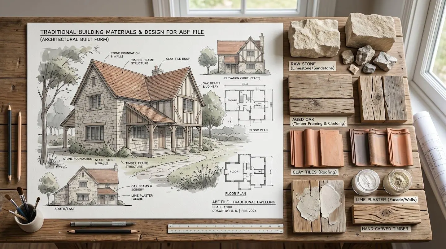 Esquisse architecturale et échantillons de matériaux traditionnels pour dossier ABF