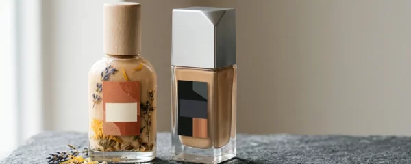 Deux flacons de fond de teint côte à côte sur une surface minérale naturelle avec textures contrastées