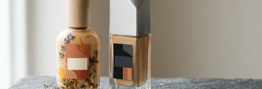 Deux flacons de fond de teint côte à côte sur une surface minérale naturelle avec textures contrastées