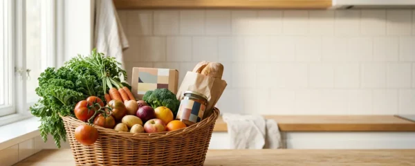 Panier rempli de produits frais et de légumes de saison dans une ambiance lumineuse et chaleureuse
