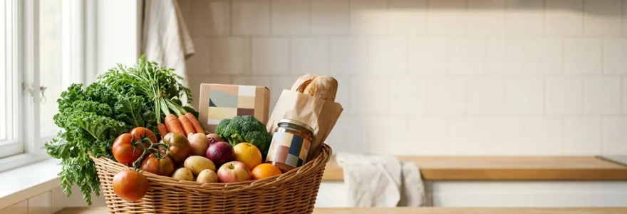 Panier rempli de produits frais et de légumes de saison dans une ambiance lumineuse et chaleureuse