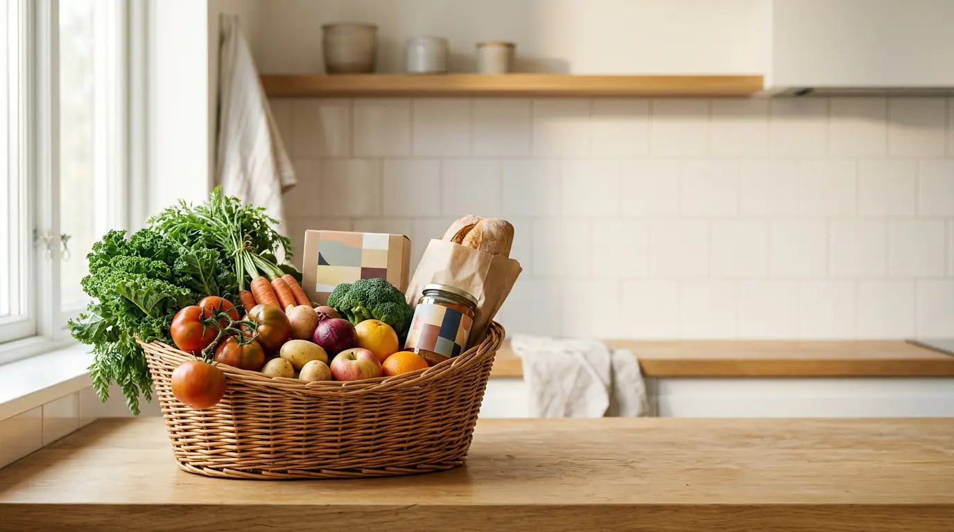 Panier rempli de produits frais et de légumes de saison dans une ambiance lumineuse et chaleureuse