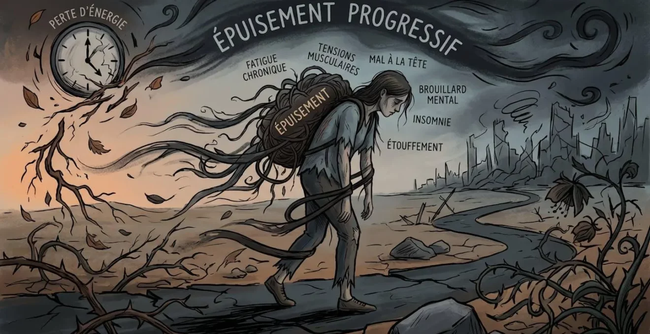 Illustration symbolique de l'épuisement progressif et de ses manifestations corporelles