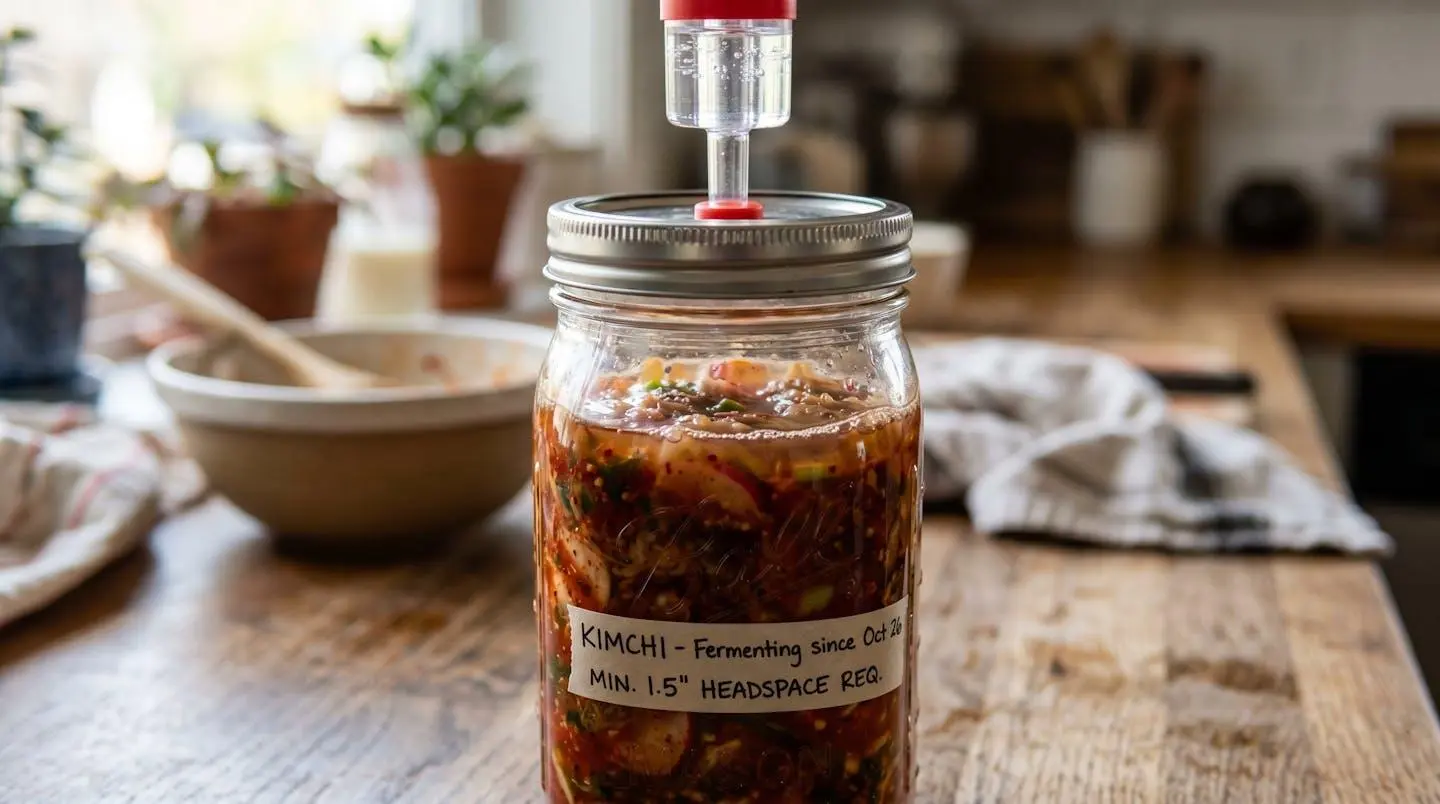Gros plan sur un bocal de fermentation montrant l'espace de tête nécessaire au-dessus du kimchi