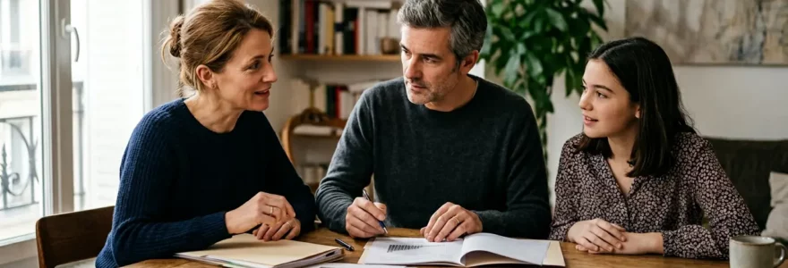 Une famille consultant ensemble des documents financiers lies a la sante dans un interieur moderne