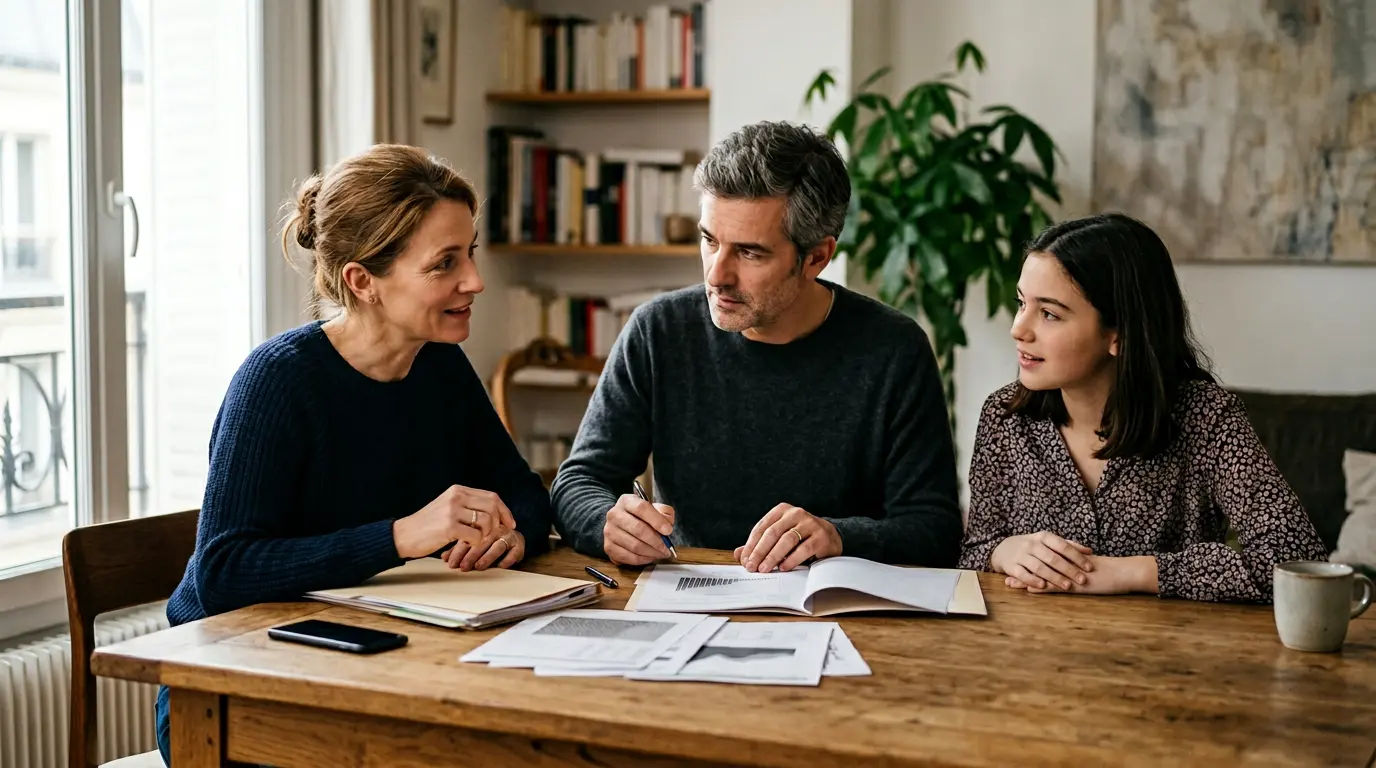 Une famille consultant ensemble des documents financiers lies a la sante dans un interieur moderne