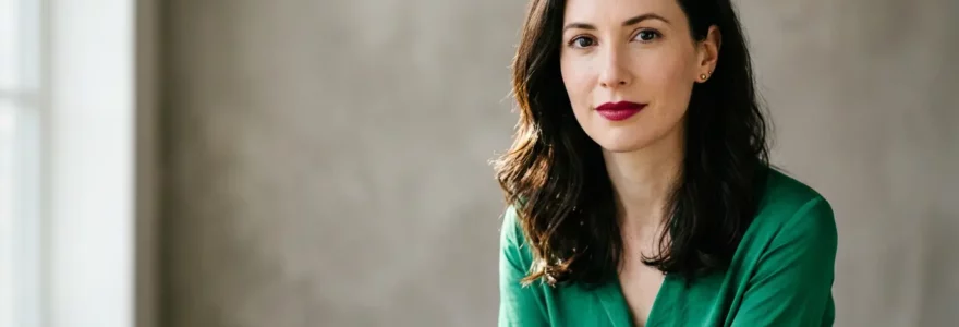 Portrait élégant d'une femme à la peau très claire portant un rouge à lèvres vif, mise en valeur par des tons chauds et froids harmonieux