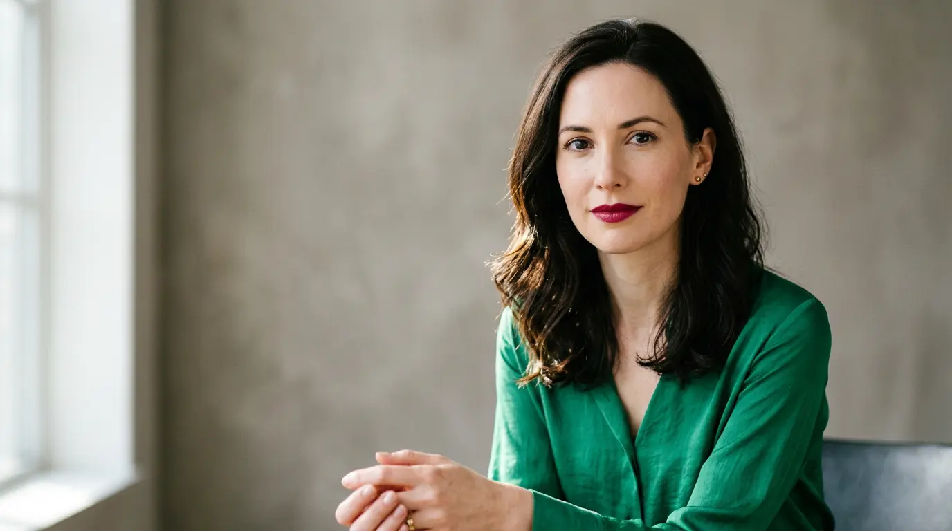 Portrait élégant d'une femme à la peau très claire portant un rouge à lèvres vif, mise en valeur par des tons chauds et froids harmonieux